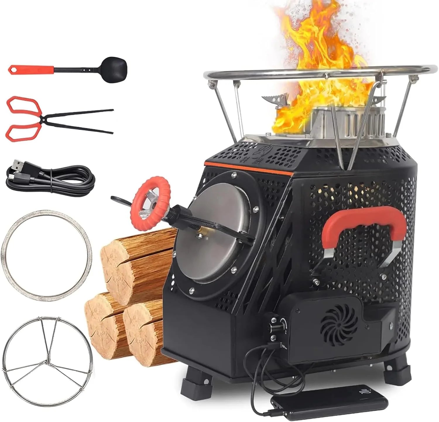 7ef1703f4ef0bd4b6da11aac76109cd1a49e1f189f37517e36bfc98323515799 Smokeless camping stove, made of stainless steel, using wood as fuel, black in color, camping stove, heating stove