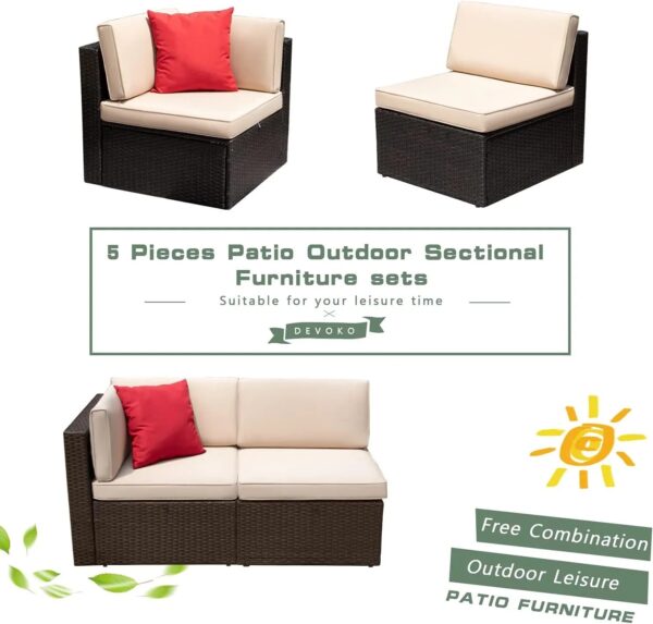 Devoko 5 Pieces Patio Furniture Sets All Weather Outdoor Sectional Patio Sofa Manual Weaving Wicker Rattan Patio Seating Sofas with Cushion and...