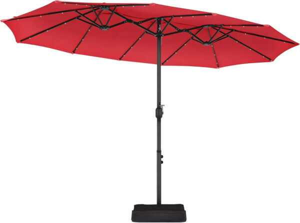 15 ft Large Patio Umbrella with Solar Lights Double-Sided Outdoor Rectangle Market Umbrellas with 36 LED Lights/Base Included/Easy Crank for Patio...