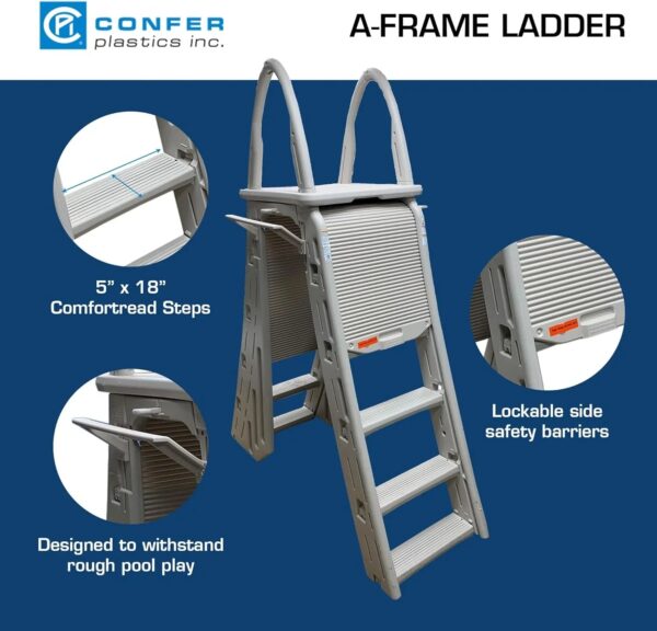 Confer Plastics 7200 Roll Guard 48" to 56" Adjustable A Frame Safety Ladder for Above Ground Outdoor Patio Swimming Pool Platform Ladder with Step...
