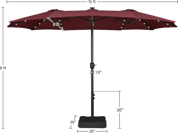 15 ft Large Patio Umbrella with Solar Lights Double-Sided Outdoor Rectangle Market Umbrellas with 36 LED Lights/Base Included/Easy Crank for Patio...