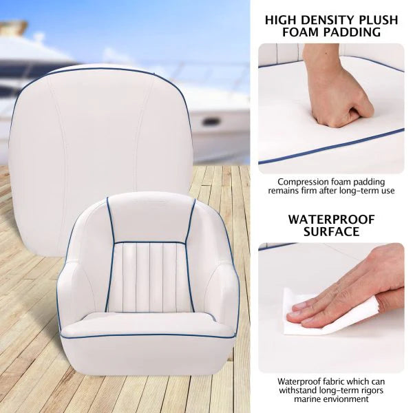 Pontoon Boat Seat, Captains Bucket Boat Seat, Back Folding Boat, Boat Cabin Seating White & Blue