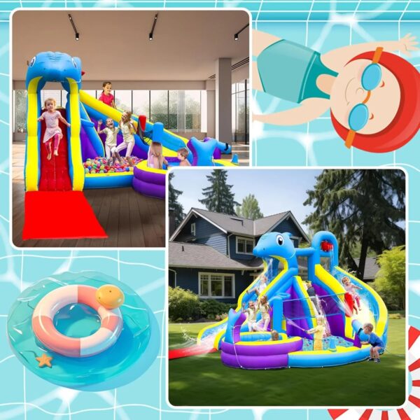 11-in-1 Inflatable Water Slide & Dolphin Bounce House w/2 Long Slides, 19.7 Ft x 13.1 Ft Extra Large Waterslide Climbing Wall w/Small Deeper...