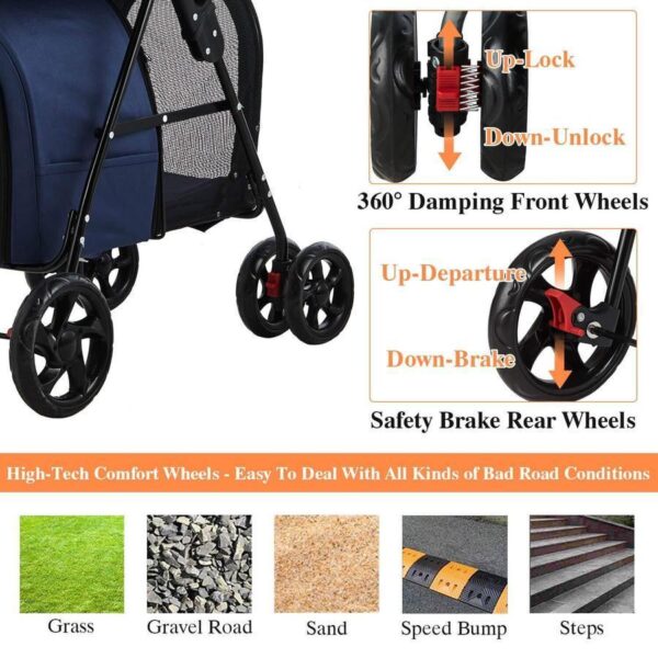 42 Double Pet Stroller for 2 Dogs & Cats,4 Wheels Dog Strollers Folding Travel Cat Stroller with Suspension System,Navy Blue