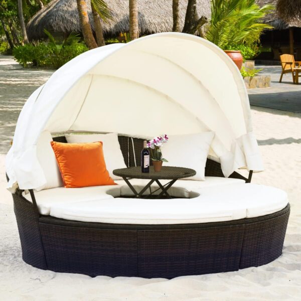 Outdoor daybed, rattan round daybed with sunshade canopy, patio set with cushions and adjustable coffee table, rattan patio furniture, suitable...