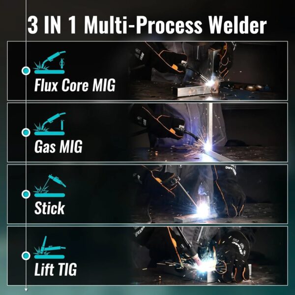 145A MIG Welder, 110V/220V Dual Voltage Gas/Gasless Flux Core MIG Welder/Lift TIG/Stick 3 in 1 Synergic MIG145 9GEN Welding Machine, Flux/Solid...