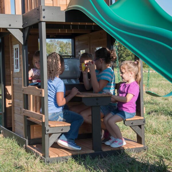 Backyard Discovery Canyon Creek Cedar Wood Swing Set with Wave Slide, Clubhouse, Play Kitchen, Picnic Area, Belt Swings, Web Swing, Rock Wall,...