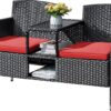 Flamaker Outdoor Furniture Patio Loveseat Wicker 2-Seat with Built-in Table and Cushions Rattan Porch Chairs Bench for Balcony, Lawn, Backyard (Beige)