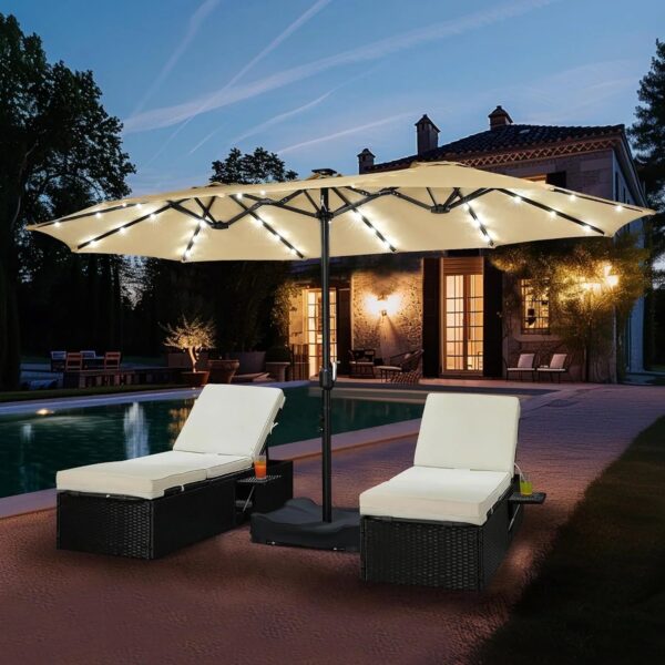 15 ft Large Patio Umbrella with Solar Lights Double-Sided Outdoor Rectangle Market Umbrellas with 36 LED Lights/Base Included/Easy Crank for Patio...