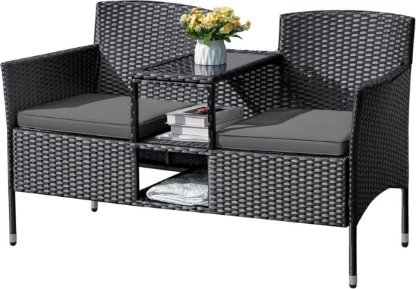 Flamaker Outdoor Furniture Patio Loveseat Wicker 2-Seat with Built-in Table and Cushions Rattan Porch Chairs Bench for Balcony, Lawn, Backyard (Beige)