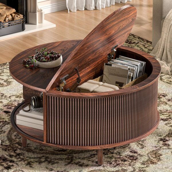 Round Coffee Table, 31.5" Fluted Center Table with Storage, Lift-Top Coffee Table with Adjustable Footpads, Sliding Door, Mid-Century Modern...