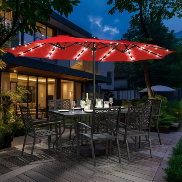 15 ft Large Patio Umbrella with Solar Lights Double-Sided Outdoor Rectangle Market Umbrellas with 36 LED Lights/Base Included/Easy Crank for Patio...