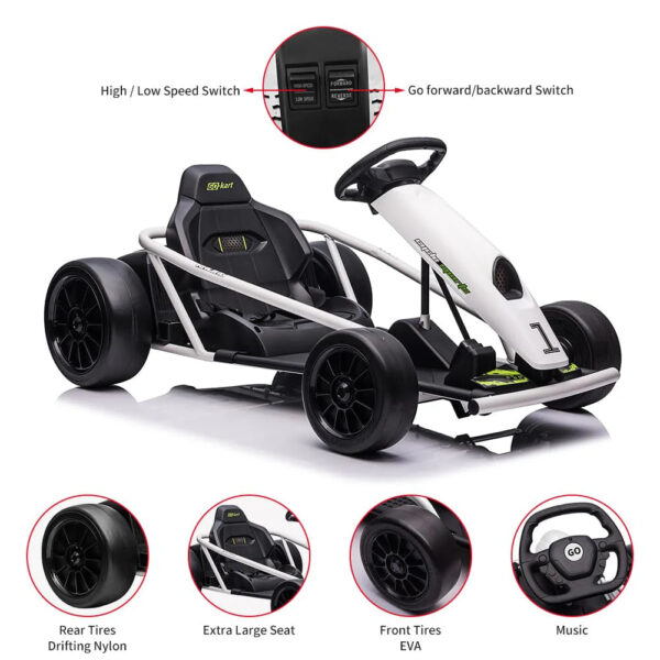 24V Go Kart for Kids 8-12, 300W*2 Motors, 9Ah Battery, 8MPH Speed, Music, Horn, 175lbs Max Load White
