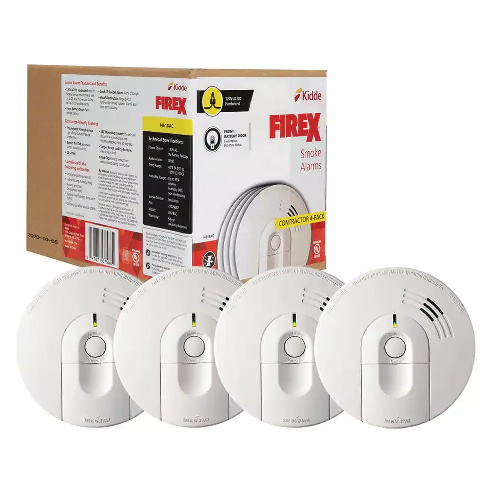 9040bef840a725b788391a23dafff7ac6a96ad1c7ee7d6087afc286362620183 i4618 4-Pack Hardwired Smoke Alarm with Ionization Sensor, 120V AC, 9V Battery Backup