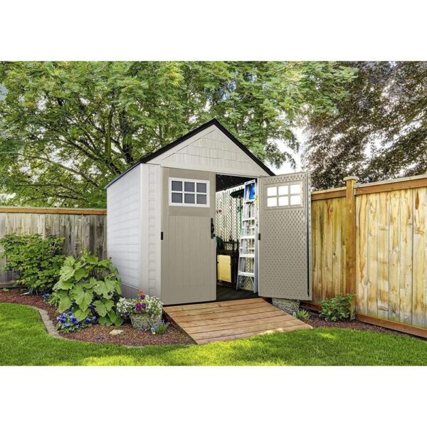 Rubbermaid 7 7 Ft Durable Weather Resistant Resin Outdoor Garden Storage Shed with Windows and Utility Hooks, Sand