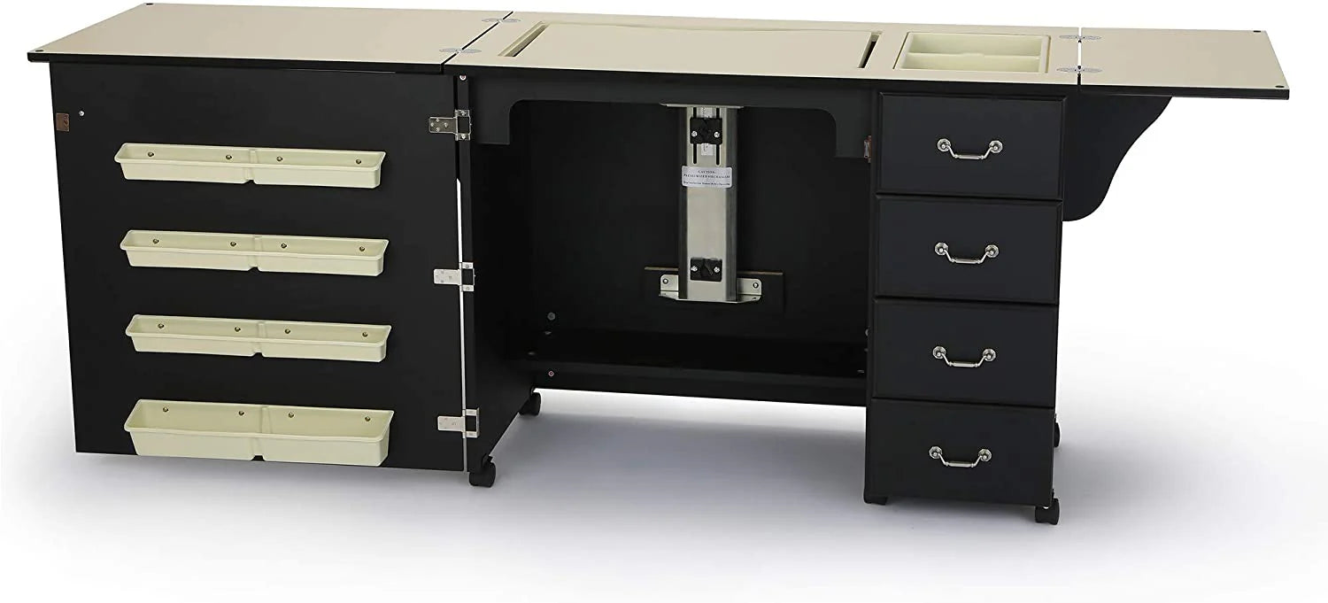 92e2f6deabcaa3d688c433532b95b012ea8d2703fc01e5dfe15320a1c36cf0bd 353 Norma Jean Sewing Cabinet for Sturdy Sewing, Cutting, Quilting, and Crafting with Storage and Airlift, Black Finish