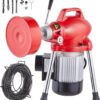 Segmented sewer cleaning machine 66 feet x 5/8 inches, 250-watt electric sewer unclogger with manual feeder - equipped with 2 steel cables, 7...