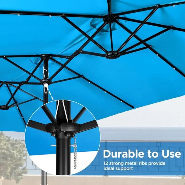 15 ft Large Patio Umbrella with Solar Lights Double-Sided Outdoor Rectangle Market Umbrellas with 36 LED Lights/Base Included/Easy Crank for Patio...