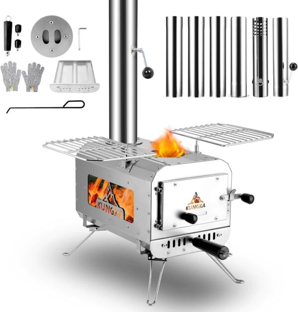 7.3 Foot tall portable wood-burning stove, small stainless steel tent-style heater, equipped with 6 chimney pipes, suitable for outdoor heating,...
