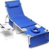 3-in-1 Outdoor Sun Tanning Lounge Chair with Face Hole 5-Position Recliner, Folding Side Table & Removable Pillow, 330lbs Capacity, Blue