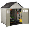 Rubbermaid 7 7 Ft Durable Weather Resistant Resin Outdoor Garden Storage Shed with Windows and Utility Hooks, Sand