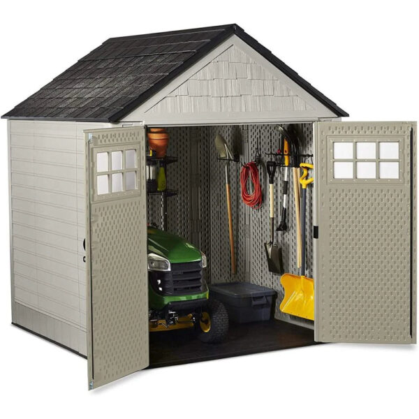 Rubbermaid 7 7 Ft Durable Weather Resistant Resin Outdoor Garden Storage Shed with Windows and Utility Hooks, Sand