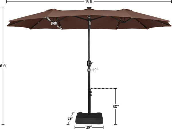 15 ft Large Patio Umbrella with Solar Lights Double-Sided Outdoor Rectangle Market Umbrellas with 36 LED Lights/Base Included/Easy Crank for Patio...