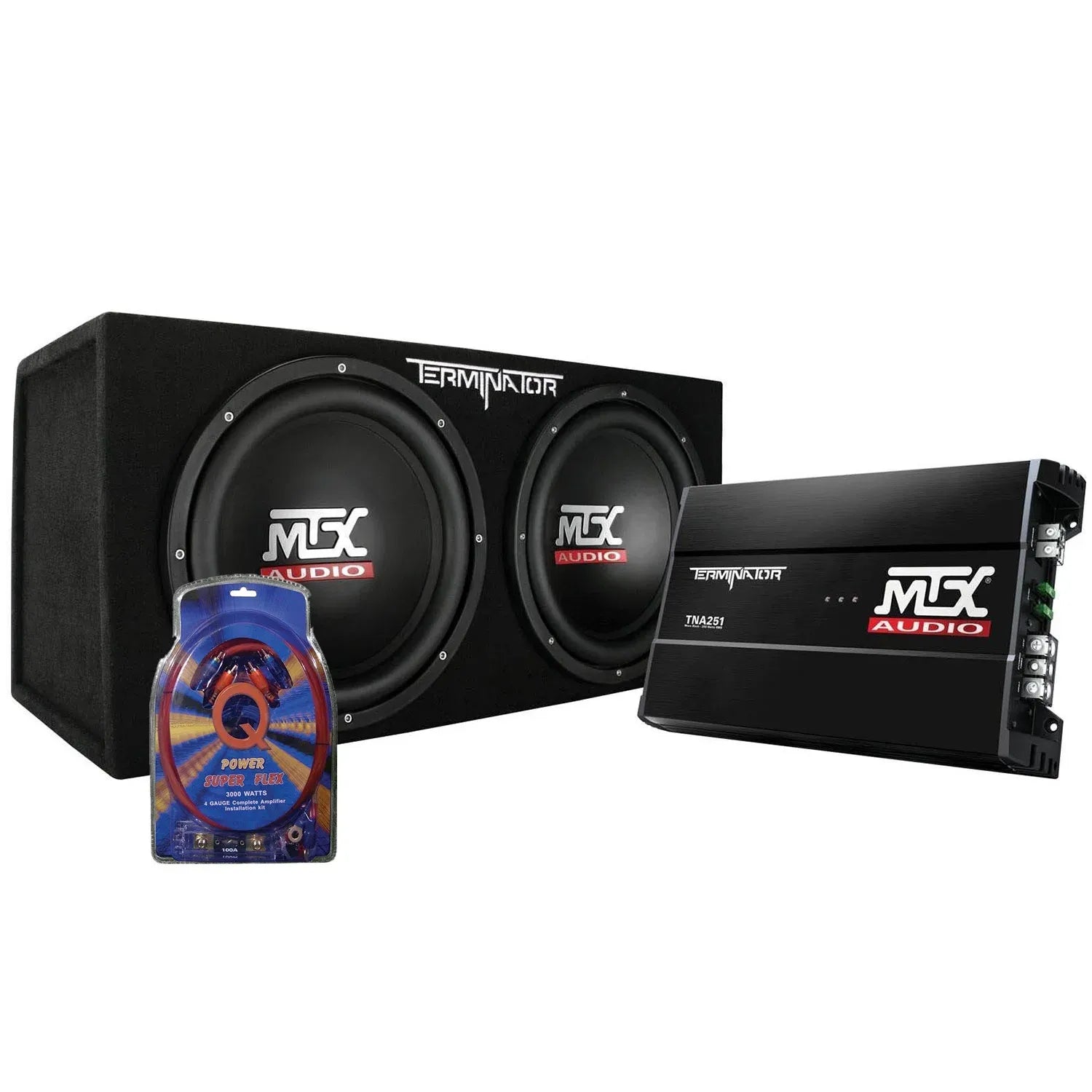 98fdea58ffeca44490e5bb3b691ddb6bedbf6f064e213bb2ac85171082f0fb33-1 MTX 12" Dual Loaded Car Subwoofer w/Sub Box, Amplifier, & QPower Wiring Kit