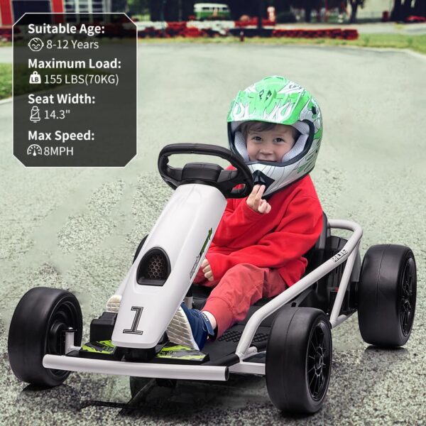 24V Go Kart for Kids 8-12, 300W*2 Motors, 9Ah Battery, 8MPH Speed, Music, Horn, 175lbs Max Load White