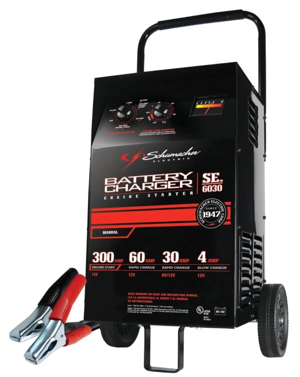 Schumacher Electric Wheeled Battery Charger and Engine Starter, SC1446, 2-in-1, manual timer control, 300 crank amps, 6 volts, 12 volts, for car,...