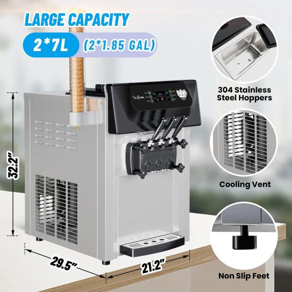 2200W Commercial Ice Cream Machine, 3 Flavor Soft Serve Ice Cream Machine, 5.3-7.4 Gal/Hr, with LCD Touch Screen, Automatic Cleaning, High...