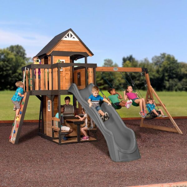 Backyard Discovery Canyon Creek Cedar Wood Swing Set with Wave Slide, Clubhouse, Play Kitchen, Picnic Area, Belt Swings, Web Swing, Rock Wall,...