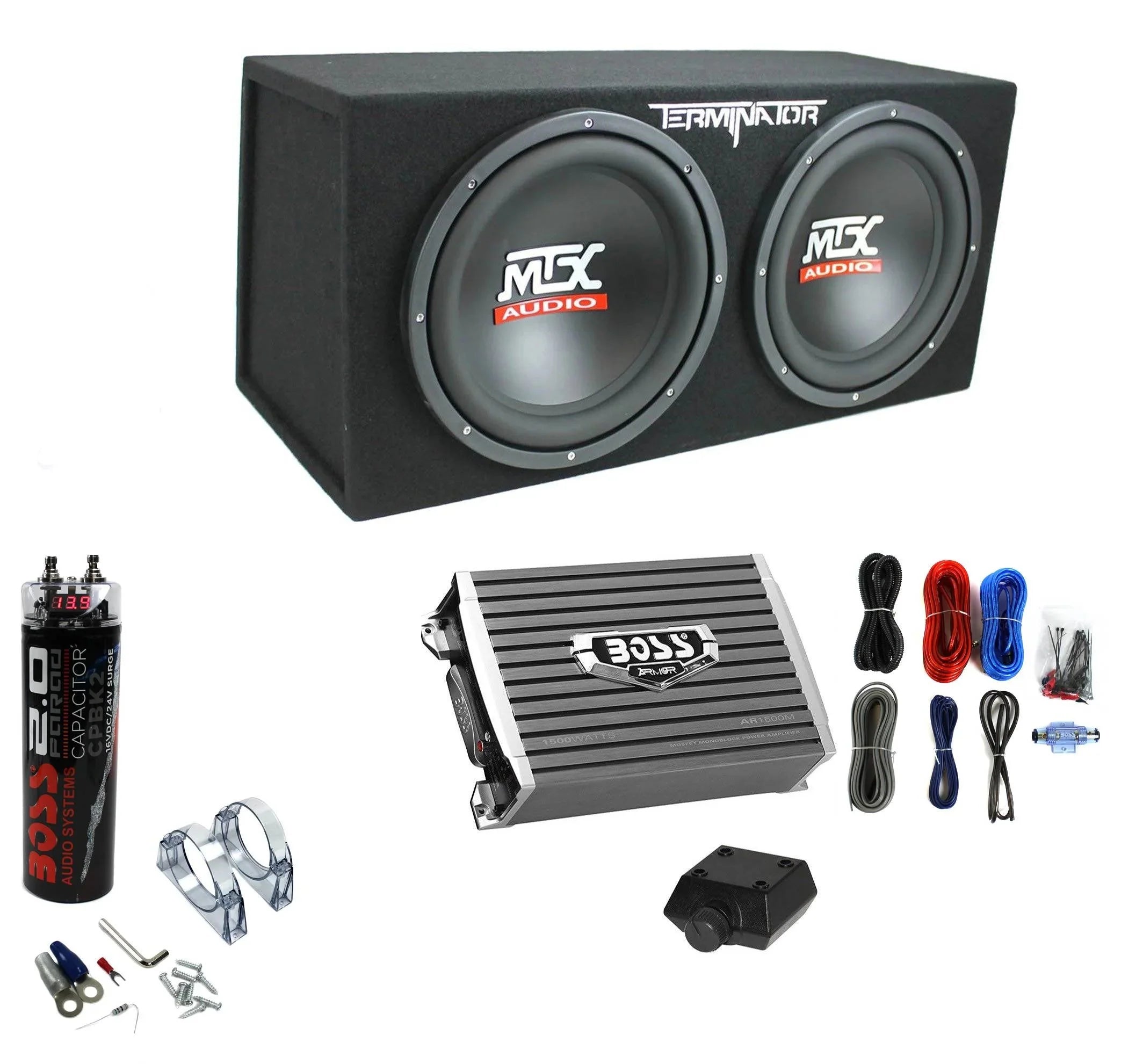 9f7360889e8612fce0193e6ea577f43da2418db9a388ec1bcf9260e611512ee7 MTX TNE212D 12" 1200W Dual Loaded Subwoofer Box + 1500W Amplifier + Capacitor