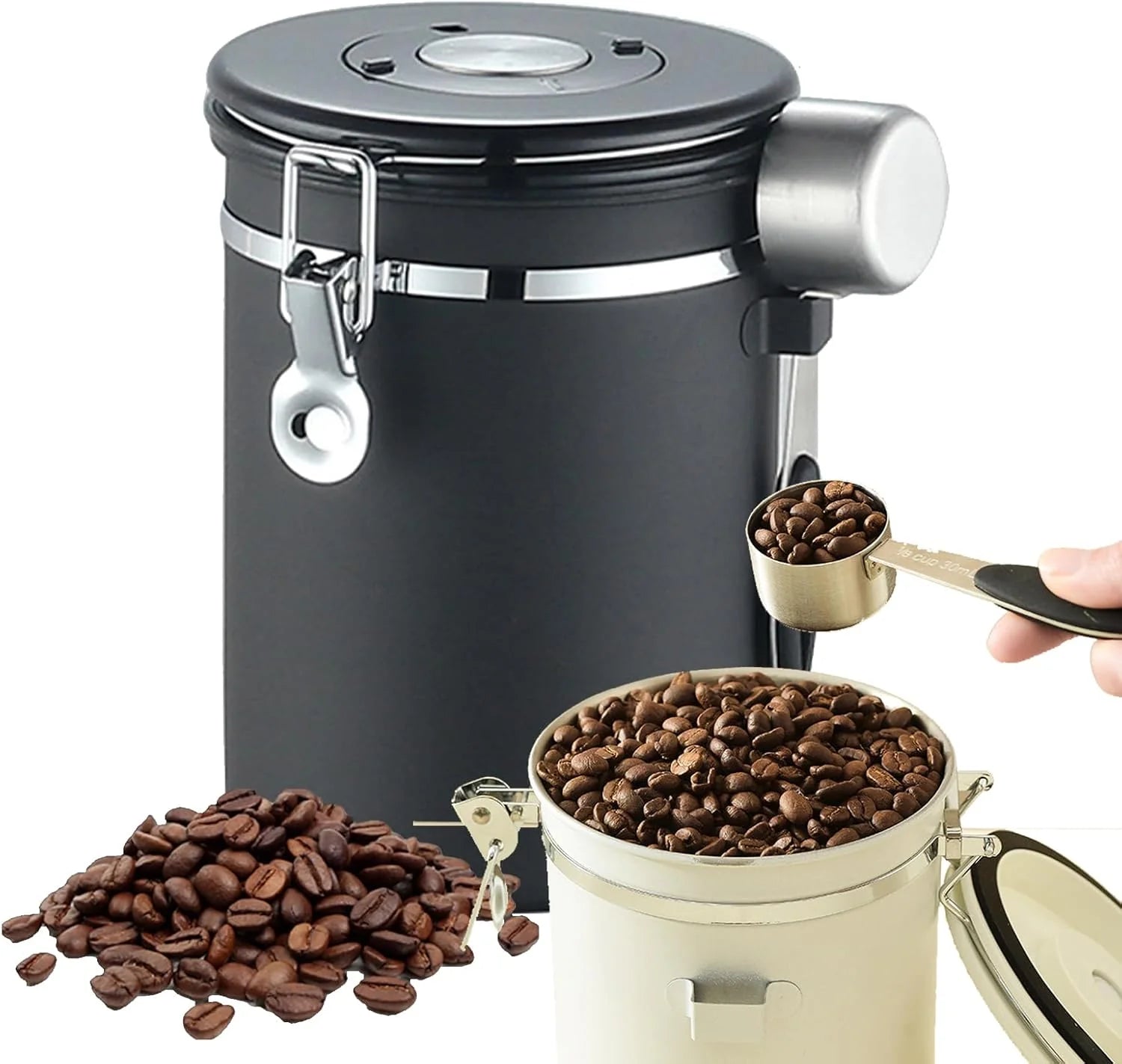 1.8 litre sealed coffee container, portable vacuum coffee storage container, stainless steel spoon with one-way exhaust valve, date tracker and...