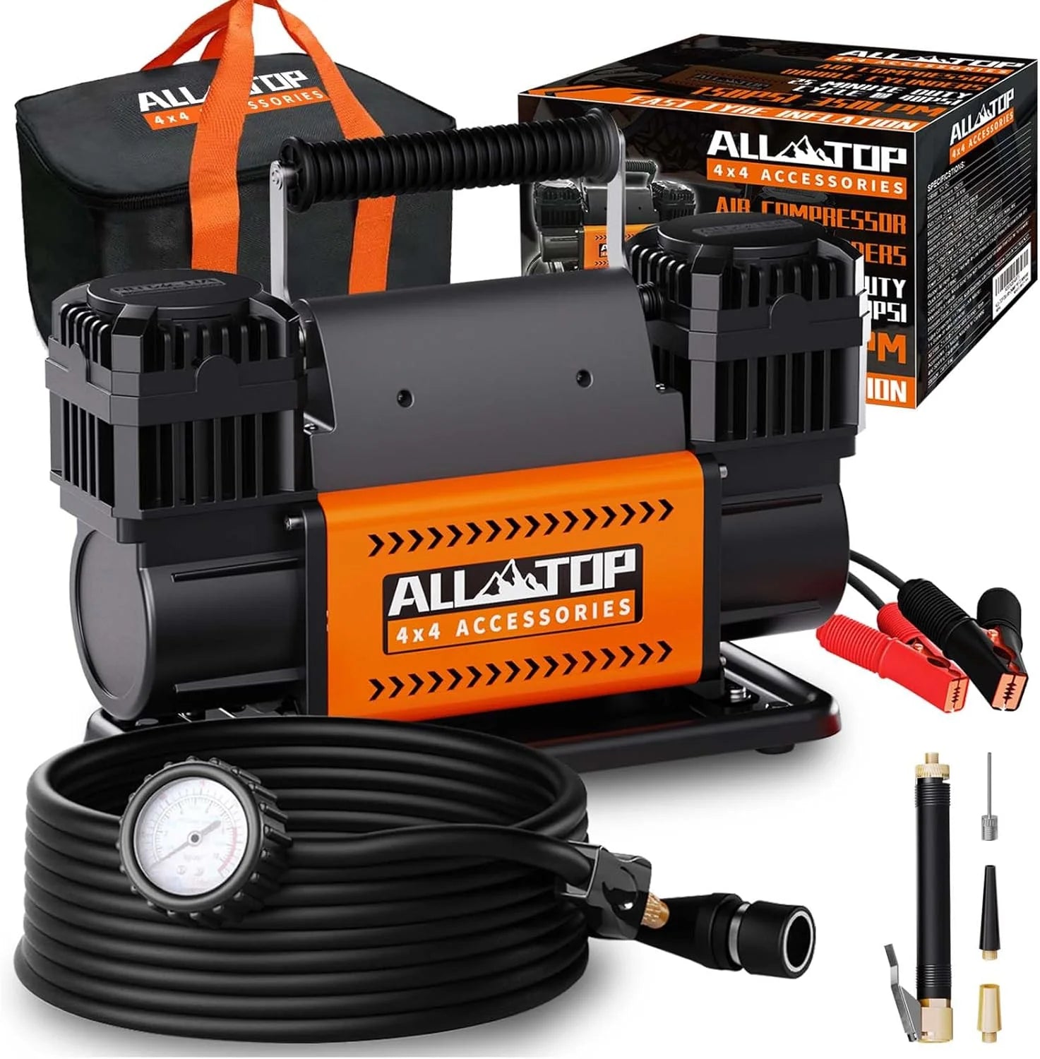 a3ee70e599b1b465d778835ccb5279ac2945d9003a6e7a6081cd627880b28ec1 Air compressor kit, dual cylinder, 12-volt portable inflator, 12.35 cubic feet per minute, suitable for truck tires for off-road use, heavy-duty...