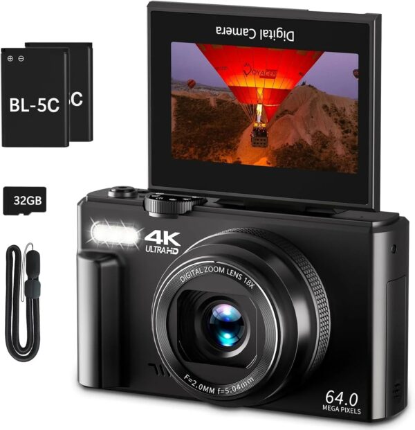 4K Digital Camera for Photography, 64MP Vlogging Camera for YouTube with 3" 180 Flip Screen, 18X Digital Zoom Point and Shoot Camara with 32GB...