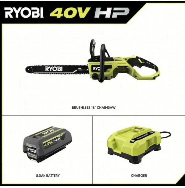 Ryobi 18 40V Cordless Chainsaw Kit with Battery & Charger, Green