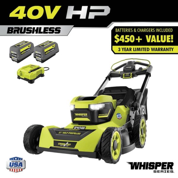 Ryobi 40V HP Brushless 21-in Self-Propelled AWD Lawn Mower Whisper Series Includes (2) 6.0Ah Batteries and Charger