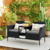 Flamaker Outdoor Furniture Patio Loveseat Wicker 2-Seat with Built-in Table and Cushions Rattan Porch Chairs Bench for Balcony, Lawn, Backyard (Beige)