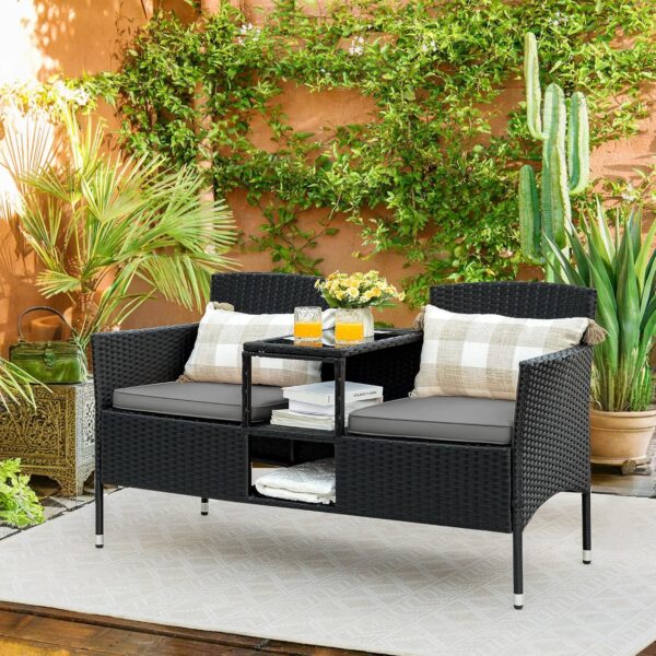 Flamaker Outdoor Furniture Patio Loveseat Wicker 2-Seat with Built-in Table and Cushions Rattan Porch Chairs Bench for Balcony, Lawn, Backyard (Beige)