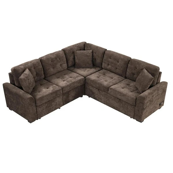 82.6 in. L Shaped Corded Velveteen Modern Sectional Sofa Pull-out Sleeper Sofa in. Brown with USB Ports, Power Sockets