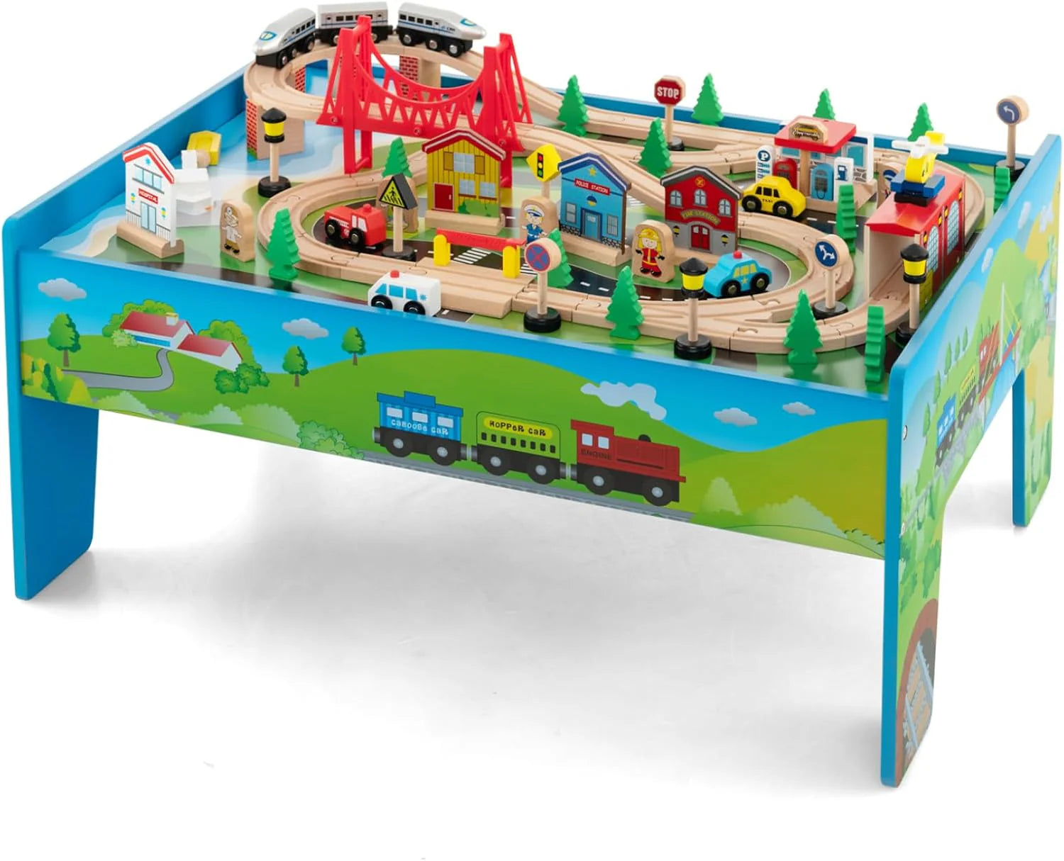 a77f27311d873941ebd0df3d918983e8e1809283fcbd71124308360ea1d4fdd5 The dual-function wooden children's activity table with storage function, featuring 100 colorful components, tracks, trains, and cars, is a...