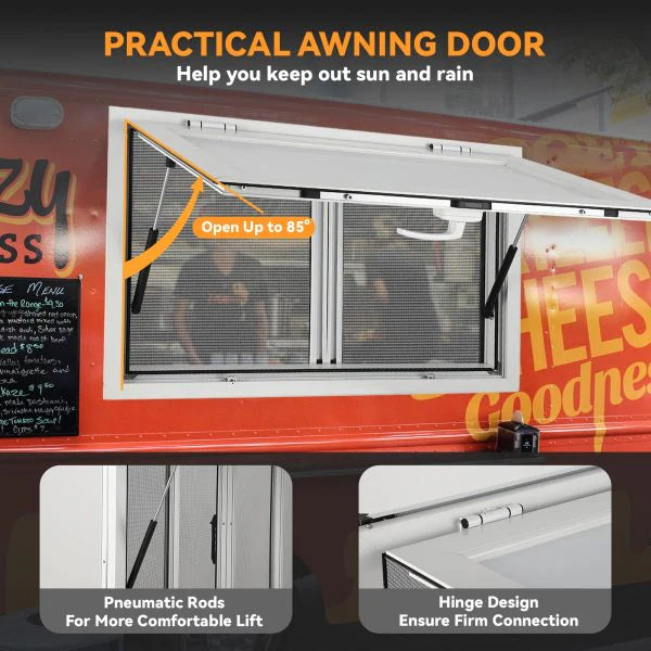 Concession Window 36W x 36H Aluminum Alloy Food Truck Service Window with Sliding Screens & Awning Door, Hydraulic Lift, Locking Mechanism,...
