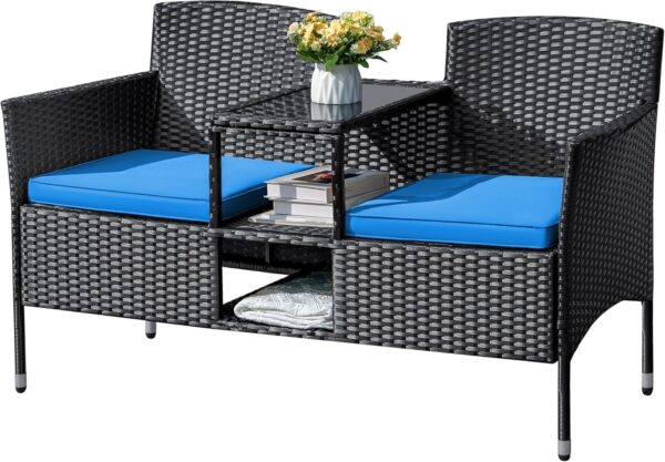 Flamaker Outdoor Furniture Patio Loveseat Wicker 2-Seat with Built-in Table and Cushions Rattan Porch Chairs Bench for Balcony, Lawn, Backyard (Beige)