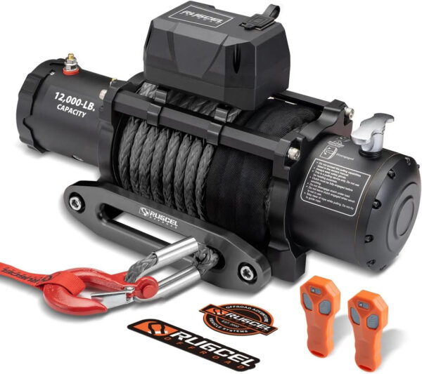 RUGCEL WINCH 12000lb 12V Truck Waterproof Electric Black Steel Rope Electric Winch with Roller Fairlead,Wired Handle,2 Infrared Remote Control,...