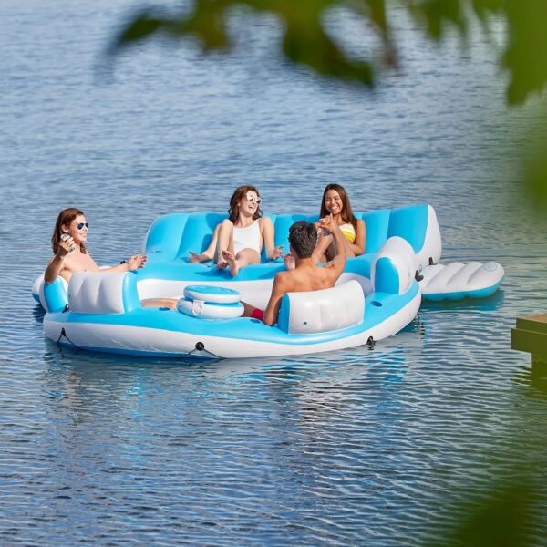 56299EP 145 x 125 x 20 Inch Splash N Chill Inflatable Lake and Pool Relaxation Island Lounger Seat for up to 7 Adults, Blue and White