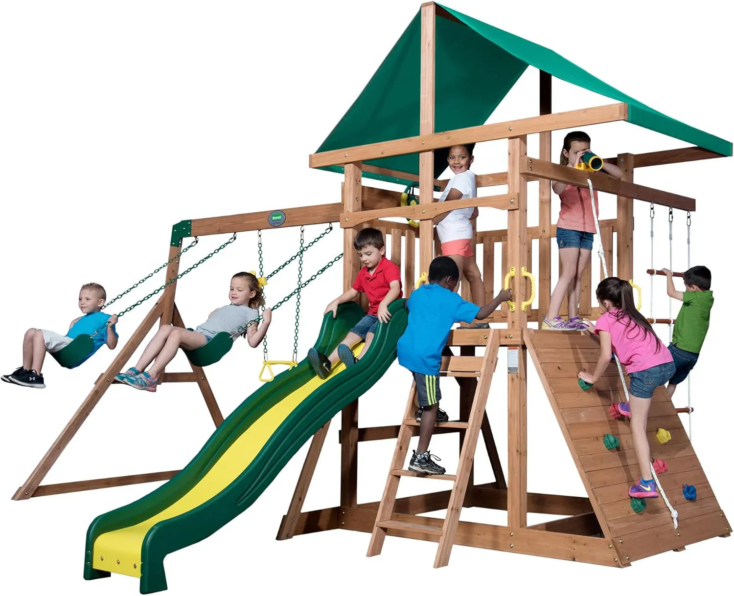 ad140d8bb3c1e880aecce8a9a8799bfc0f5cd112fc9e88e643d759bf5dd902f4 Backyard Discovery Mount Mckinley Cedar Wood Swing Set with Wave Slide, Play Deck, Double Rock Wall, Rope Ladder, Web Swing, Belt Swings, Toy...