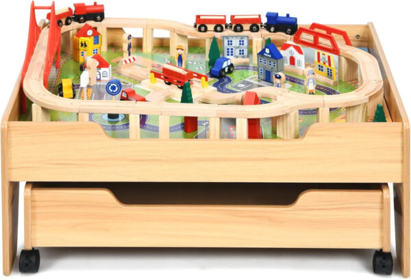 The dual-function wooden children's activity table with storage function, featuring 100 colorful components, tracks, trains, and cars, is a...