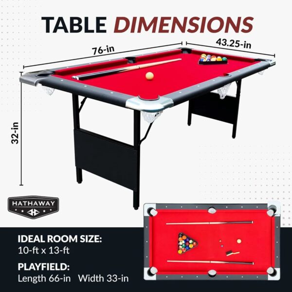 6 Ft Portable Pool Table, Adults Folding Billiards Tables for Game Room with Easy Foldable Storage, Includes Full Set of Billiard Balls, Cues,...