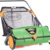 Push-type lawn sweeper, with a sweeping width of 26 inches and a dust collection bag capacity of 3.6 gallons.